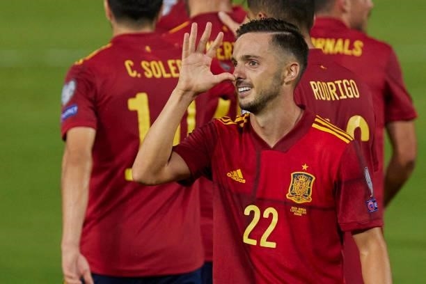 Pablo Sarabia of Spain celebrates after scoring his teams goal during the 2022 FIFA World Cup Qualifier match between Spain and Georgia at Estadio...