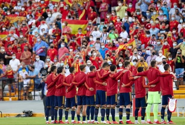 . The spanish Team listen the national anthem during the 2022 FIFA World Cup Qualifier match between Spain and Georgia at Estadio Nuevo Vivero on...