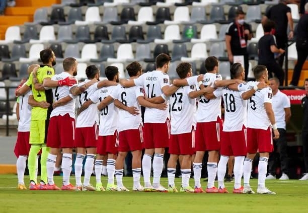 . The georgian Team listen the national anthem during the 2022 FIFA World Cup Qualifier match between Spain and Georgia at Estadio Nuevo Vivero on...