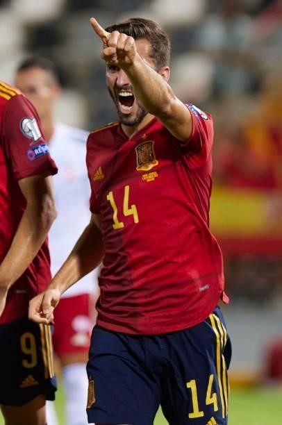 Jose Gaya of Spain celebrates after scoring his teams during the 2022 FIFA World Cup Qualifier match between Spain and Georgia at Estadio Nuevo...
