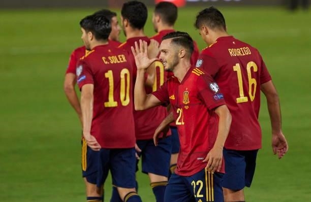 Pablo Sarabia of Spain celebrates after scoring his teams goal during the 2022 FIFA World Cup Qualifier match between Spain and Georgia at Estadio...