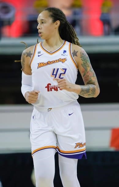 Brittney Griner of the Phoenix Mercury is seen during the game against the Indiana Fever at Indiana Farmers Coliseum on September 4, 2021 in...