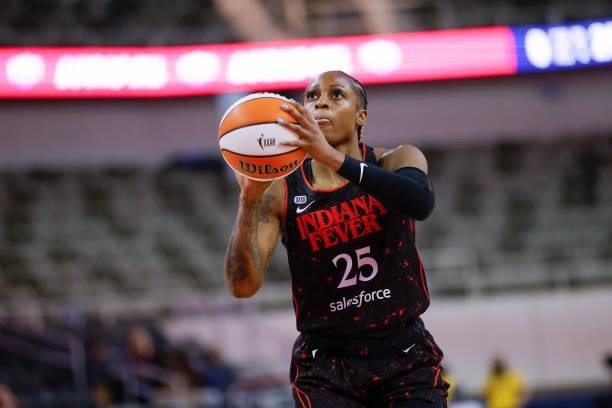 Tiffany Mitchell of the Indiana Fever shoots a free throw during the game against the Phoenix Mercury at Indiana Farmers Coliseum on September 4,...