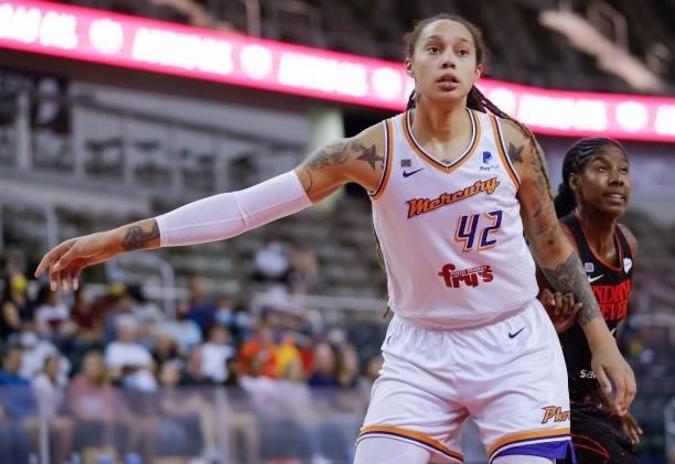 Brittney Griner of the Phoenix Mercury is seen during the game against the Indiana Fever at Indiana Farmers Coliseum on September 4, 2021 in...