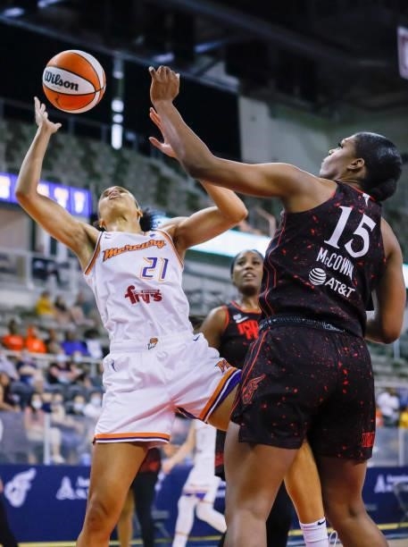 Brianna Turner of the Phoenix Mercury shoots the ball during the game against the Indiana Fever at Indiana Farmers Coliseum on September 4, 2021 in...