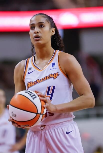Skylar Diggins-Smith of the Phoenix Mercury shoots a free throw during the game against the Indiana Fever at Indiana Farmers Coliseum on September 4,...