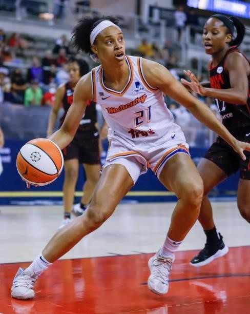 Brianna Turner of the Phoenix Mercury drives to the basket during the game against the Indiana Fever at Indiana Farmers Coliseum on September 4, 2021...