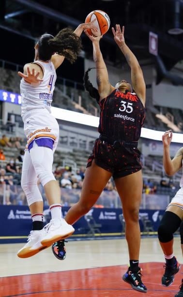 Victoria Vivians of the Indiana Fever shoots the ball during the game against the Indiana Fever at Indiana Farmers Coliseum on September 4, 2021 in...