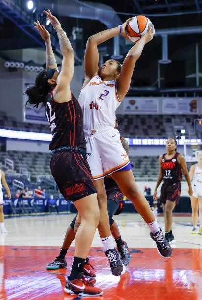 Megan Walker of the Phoenix Mercury shoots the ball during the game against the Indiana Fever at Indiana Farmers Coliseum on September 4, 2021 in...