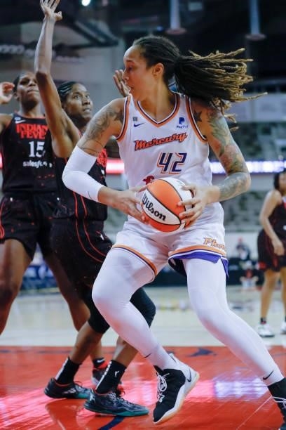 Brittney Griner of the Phoenix Mercury makes a move to the basket during the game against the Indiana Fever at Indiana Farmers Coliseum on September...