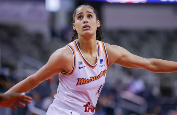 Skylar Diggins-Smith of the Phoenix Mercury is seen during the game against the Indiana Fever at Indiana Farmers Coliseum on September 4, 2021 in...