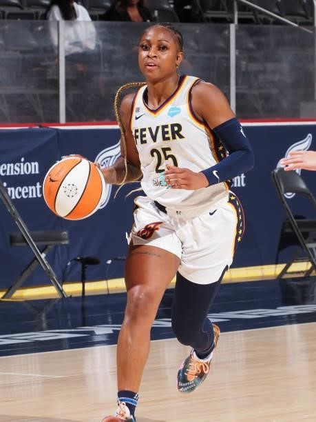 Tiffany Mitchell of the Indiana Fever dribbles the ball during the game against the Phoenix Mercury on September 6, 2021 at Bankers Life Fieldhouse...