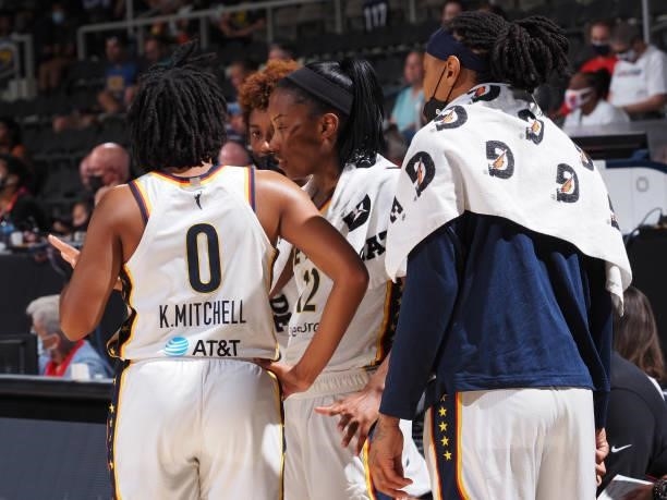 The Indiana Fever huddle during the game against the Phoenix Mercury on September 6, 2021 at Bankers Life Fieldhouse in Indianapolis, Indiana. NOTE...