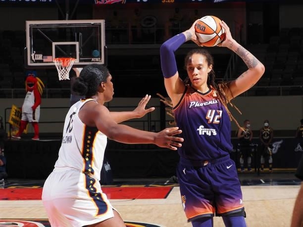 Brittney Griner of the Phoenix Mercury handles the ball during the game against the Indiana Fever on September 6, 2021 at Bankers Life Fieldhouse in...