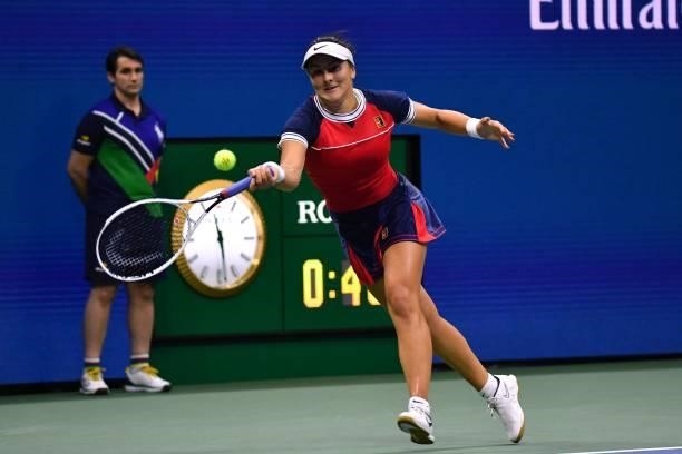 Canada's Bianca Andreescu hits a return to Greece's Maria Sakkari during their 2021 US Open Tennis tournament women's singles fourth round match at...