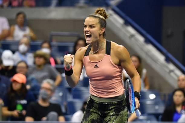 Greece's Maria Sakkari celebrates after winning a game against Canada's Bianca Andreescu during their 2021 US Open Tennis tournament women's singles...