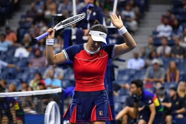 Canada's Bianca Andreescu reacts after winning a point against Greece's Maria Sakkari during their 2021 US Open Tennis tournament women's singles...