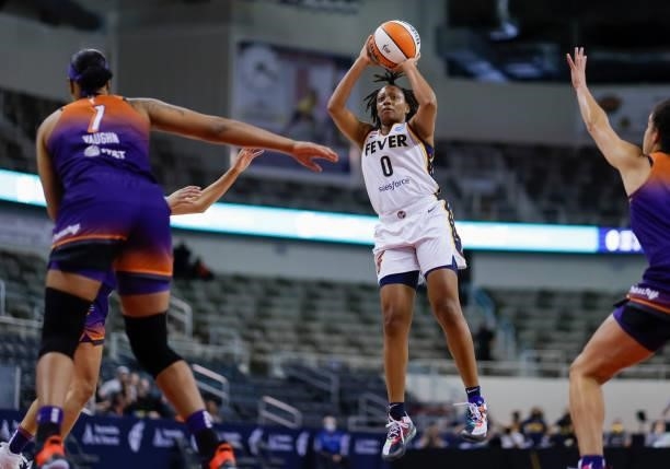 Kelsey Mitchell of the Indiana Fever shoots the ball during the game against the Phoenix Mercury at Indiana Farmers Coliseum on September 6, 2021 in...
