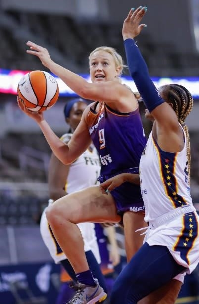 Sophie Cunningham of the Phoenix Mercury shoots the ball during the game against the Indiana Fever at Indiana Farmers Coliseum on September 6, 2021...