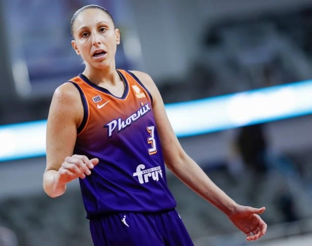 Diana Taurasi of the Phoenix Mercury is seen during the game against the Indiana Fever at Indiana Farmers Coliseum on September 6, 2021 in...