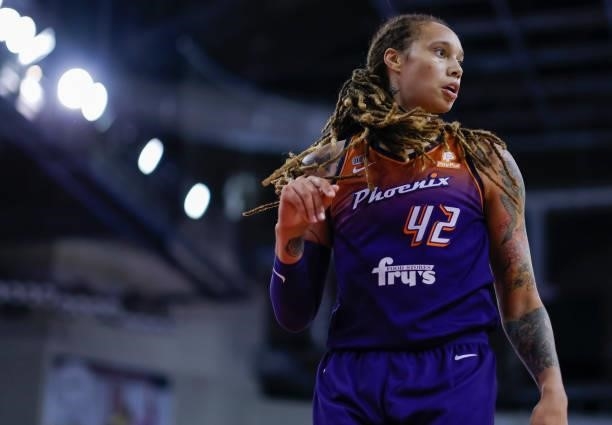 Brittney Griner of the Phoenix Mercury is seen during the game against the Indiana Fever at Indiana Farmers Coliseum on September 6, 2021 in...