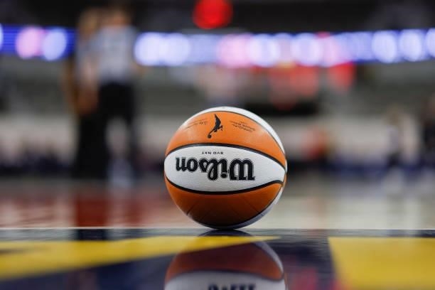 Wilson basketball is seen on the floor during the Indiana Fever and Phoenix Mercury game at Indiana Farmers Coliseum on September 6, 2021 in...