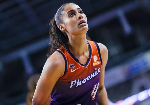 Skylar Diggins-Smith of the Phoenix Mercury is seen during the game against the Indiana Fever at Indiana Farmers Coliseum on September 6, 2021 in...