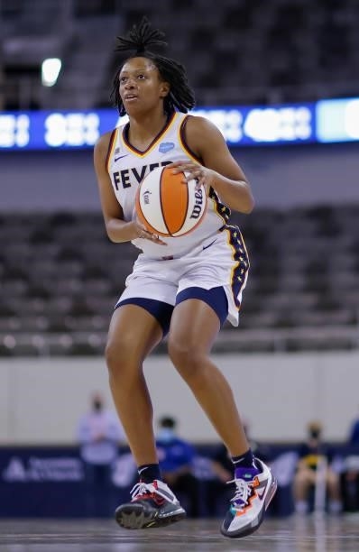 Kelsey Mitchell of the Indiana Fever is seen during the game against the Phoenix Mercury at Indiana Farmers Coliseum on September 6, 2021 in...