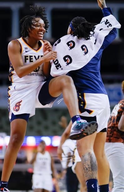 Kelsey Mitchell of the Indiana Fever celebrates during the game against the Phoenix Mercury at Indiana Farmers Coliseum on September 6, 2021 in...