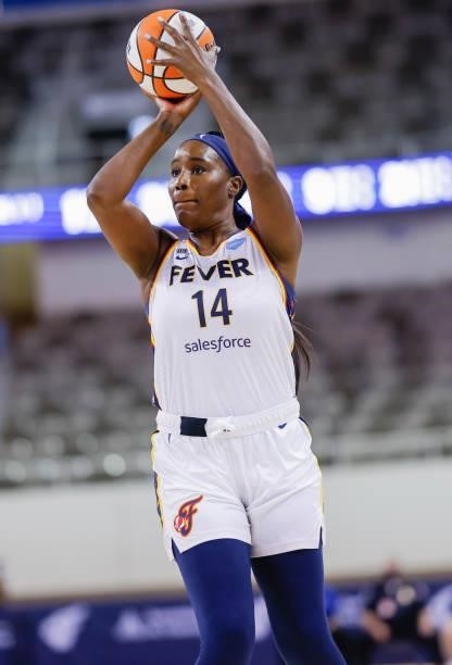 Jantel Lavender of the Indiana Fever shoots the ball during the game against the Phoenix Mercury at Indiana Farmers Coliseum on September 6, 2021 in...