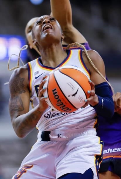 Tiffany Mitchell of the Indiana Fever shoots the ball during the game against the Phoenix Mercury at Indiana Farmers Coliseum on September 6, 2021 in...