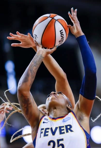 Tiffany Mitchell of the Indiana Fever shoots the ball during the game against the Phoenix Mercury at Indiana Farmers Coliseum on September 6, 2021 in...