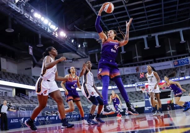 Brittney Griner of the Phoenix Mercury reaches for a rebound during the game against the Indiana Fever at Indiana Farmers Coliseum on September 6,...