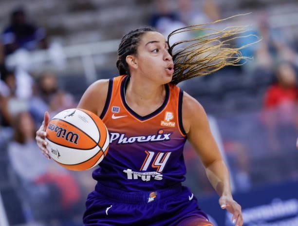 Bria Hartley of the Phoenix Mercury drives to the basket during the game against the Indiana Fever at Indiana Farmers Coliseum on September 6, 2021...