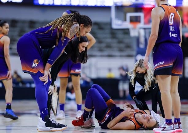 Diana Taurasi of the Phoenix Mercury reacts after an injury before eventually returning during the game against the Indiana Fever at Indiana Farmers...