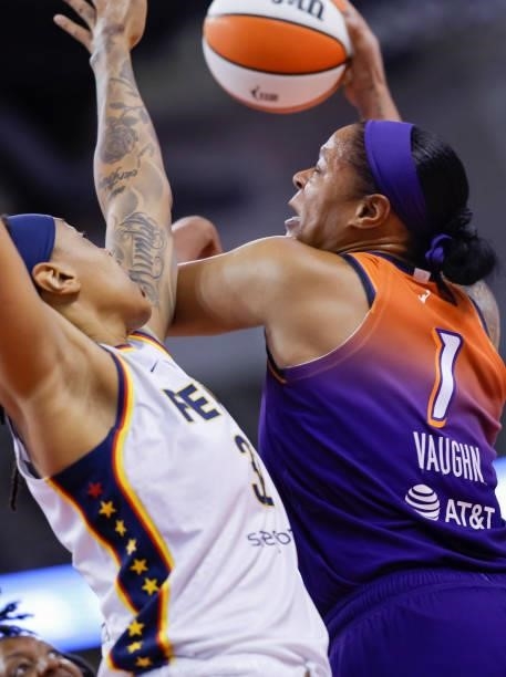 Kia Vaughn of the Phoenix Mercury makes a move to the basket during the game against the Indiana Fever at Indiana Farmers Coliseum on September 6,...