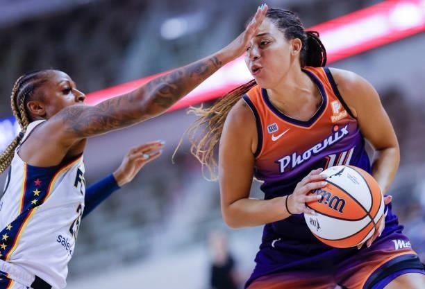Bria Hartley of the Phoenix Mercury dribbles the ball against Tiffany Mitchell of the Indiana Fever at Indiana Farmers Coliseum on September 6, 2021...