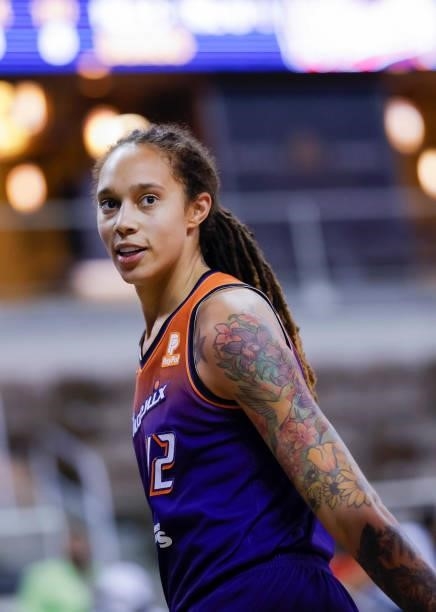 Brittney Griner of the Phoenix Mercury is seen during the game against the Indiana Fever at Indiana Farmers Coliseum on September 6, 2021 in...