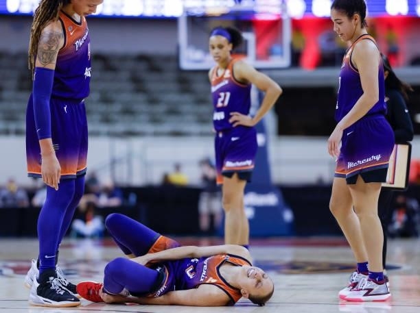 Diana Taurasi of the Phoenix Mercury reacts after an injury before eventually returning during the game against the Indiana Fever at Indiana Farmers...