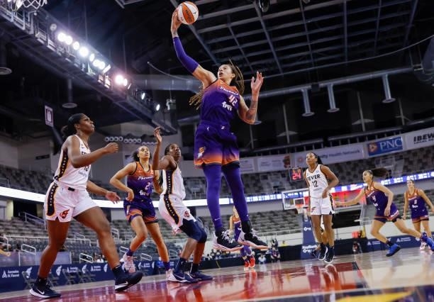 Brittney Griner of the Phoenix Mercury reaches for a rebound during the game against the Indiana Fever at Indiana Farmers Coliseum on September 6,...