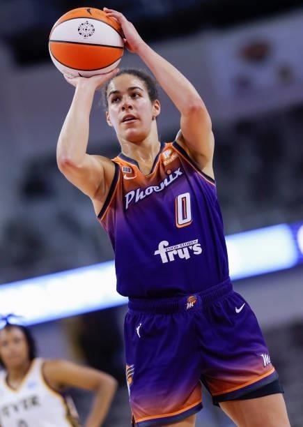 Kia Nurse of the Phoenix Mercury shoots a free throw during the game against the Indiana Fever at Indiana Farmers Coliseum on September 6, 2021 in...