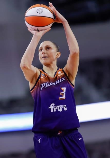 Diana Taurasi of the Phoenix Mercury shoots a free throw during the game against the Indiana Fever at Indiana Farmers Coliseum on September 6, 2021...