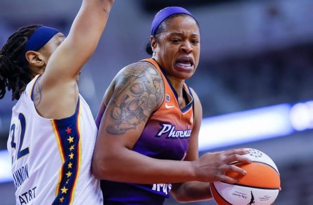 Kia Vaughn of the Phoenix Mercury makes a move to the basket during the game against the Indiana Fever at Indiana Farmers Coliseum on September 6,...
