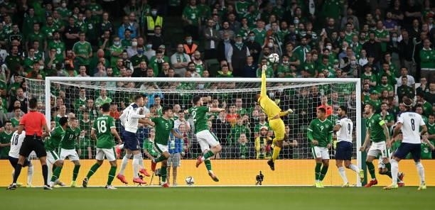Dublin , Ireland - 7 September 2021; Republic of Ireland goalkeeper Gavin Bazunu punches the ball clear during the FIFA World Cup 2022 qualifying...