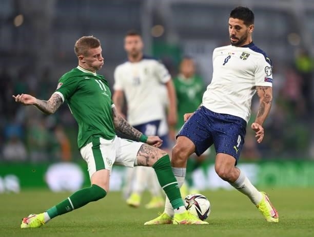 Dublin , Ireland - 7 September 2021; James McClean of Republic of Ireland in action against Aleksandar Mitrovi of Serbia during the FIFA World Cup...