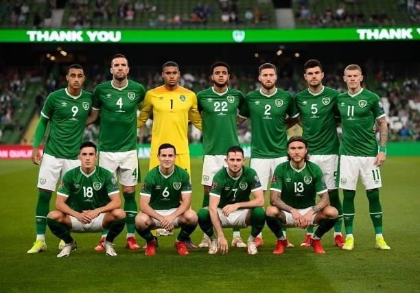 Dublin , Ireland - 7 September 2021; The Republic of Ireland team, back row, from left, Adam Idah, Shane Duffy, Gavin Bazunu, Andrew Omobamidele,...