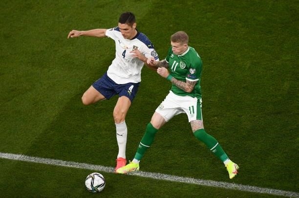 Dublin , Ireland - 7 September 2021; James McClean of Republic of Ireland with Nikola Milenkovi of Serbia during the FIFA World Cup 2022 qualifying...
