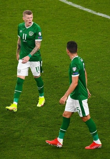 Dublin , Ireland - 7 September 2021; James McClean and John Egan of Republic of Ireland in conversation after conceding their first goal during the...