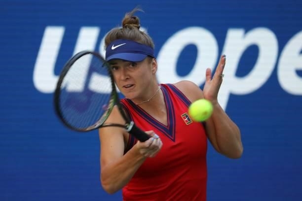 Ukraine's Elina Svitolina hits a return to Canada's Leylah Fernandez during their 2021 US Open Tennis tournament women's quarter-finals match at the...