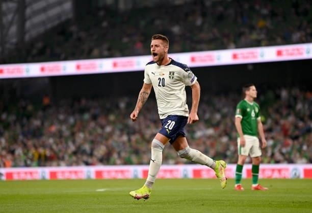 Dublin , Ireland - 7 September 2021; Sergej Milinkovi­-Savi of Serbia celebrates after scoring his side's first goal during the FIFA World Cup 2022...